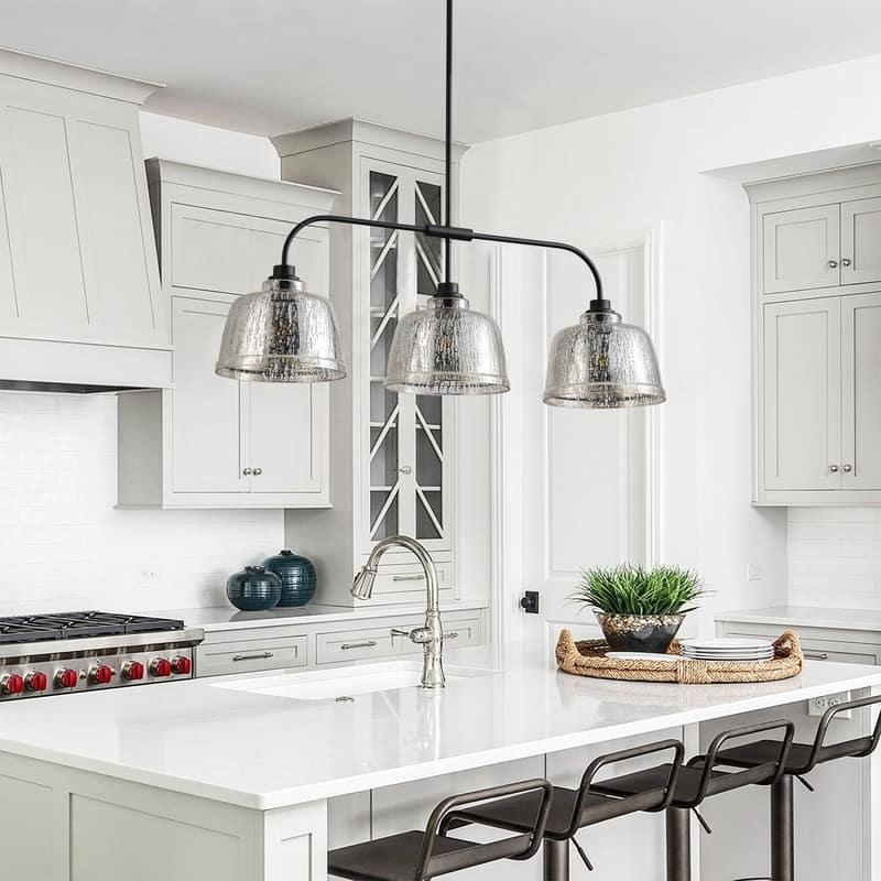 Industrial 3 Light Pendant with Mercury Glass Shades Matte Black Finish for Kitchen Island or Dining Room - N/A