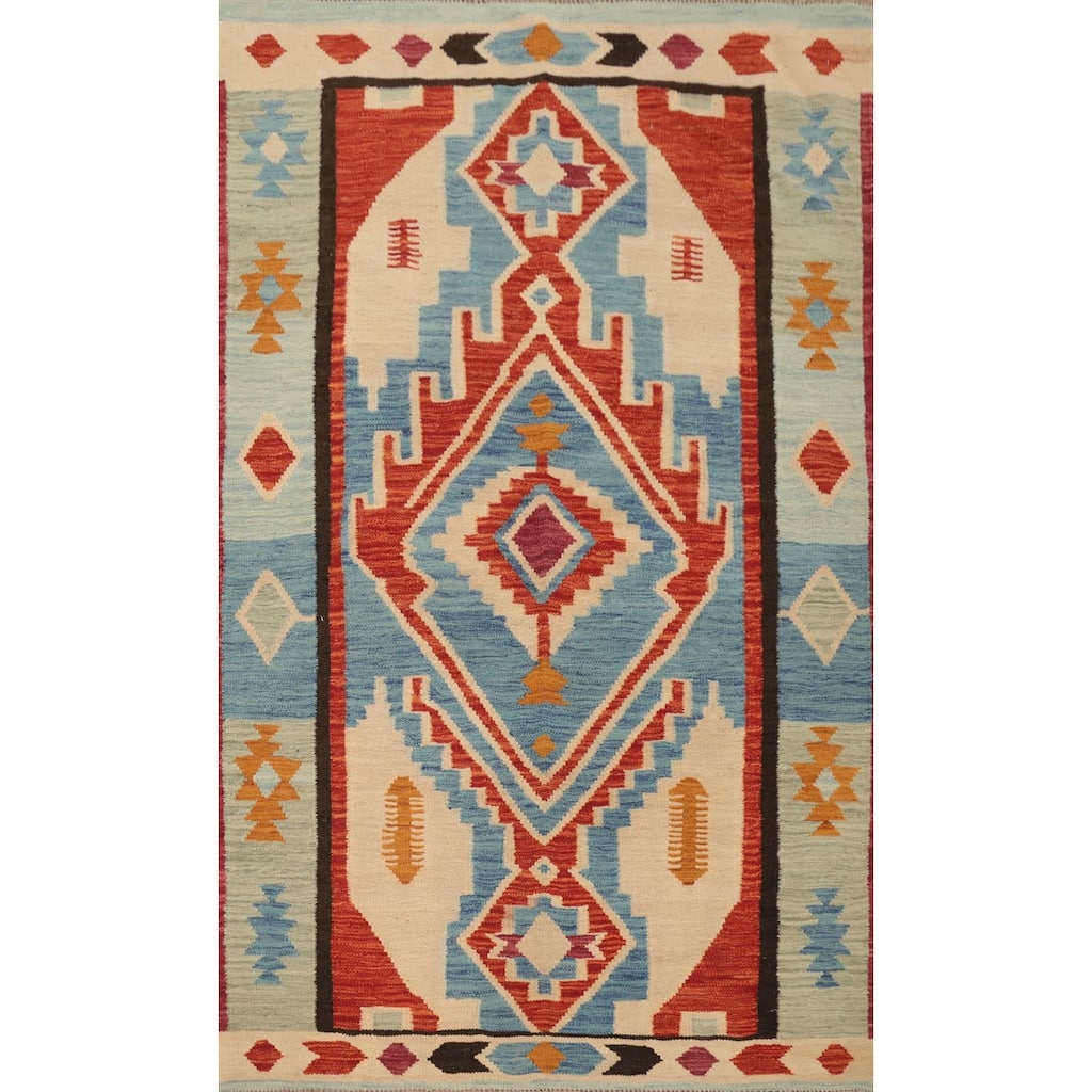 Hand Woven Oriental 100% Wool Carpet Southwestern Tribal Navy Blue & Blues Kilim Area Rug - 6' 3'' X 4' 1''