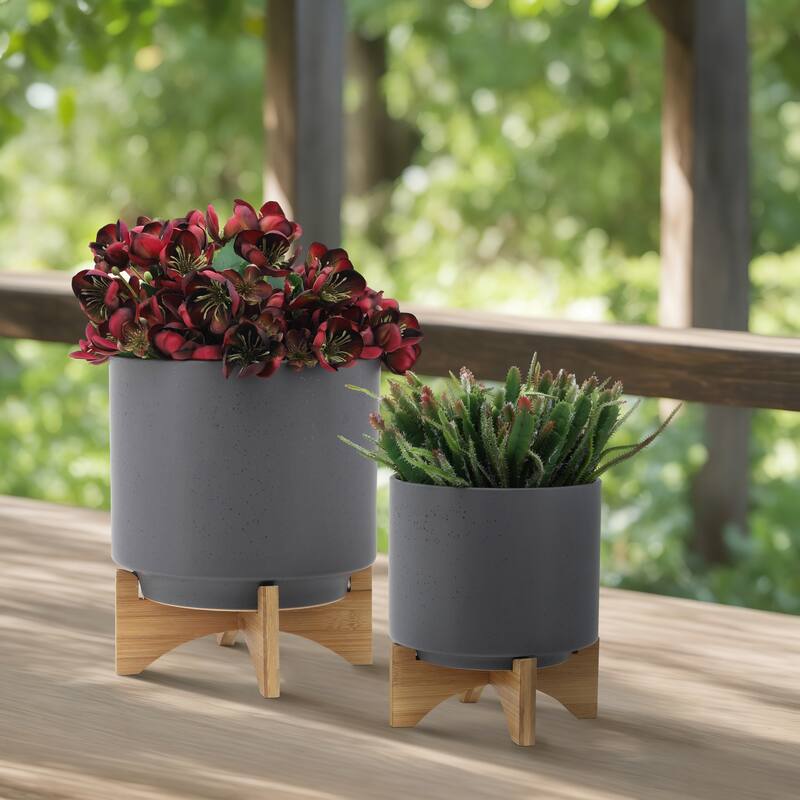 Sagebrook Home Neutral Ceramic Planter Pot with Stand Indoor/Outdoor - Set of 2 Gray