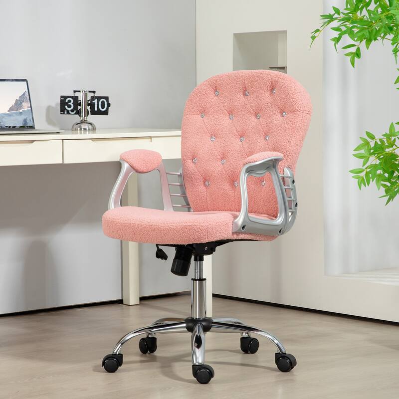 Teddy Fleece Home Office Chair Button Tufted Desk Chair with Padded Armrests, Adjustable Height, for Office, Pink