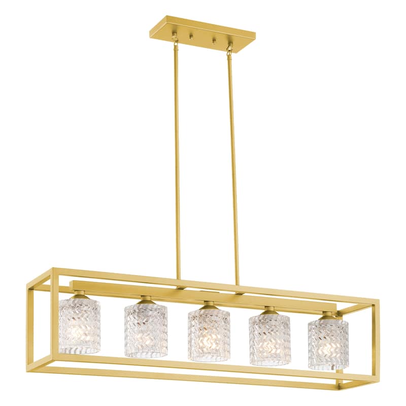Mid-century Modern 5-light Gold Rectangle Dining Room Chandelier with Crystal Glass - UL - 37 inches