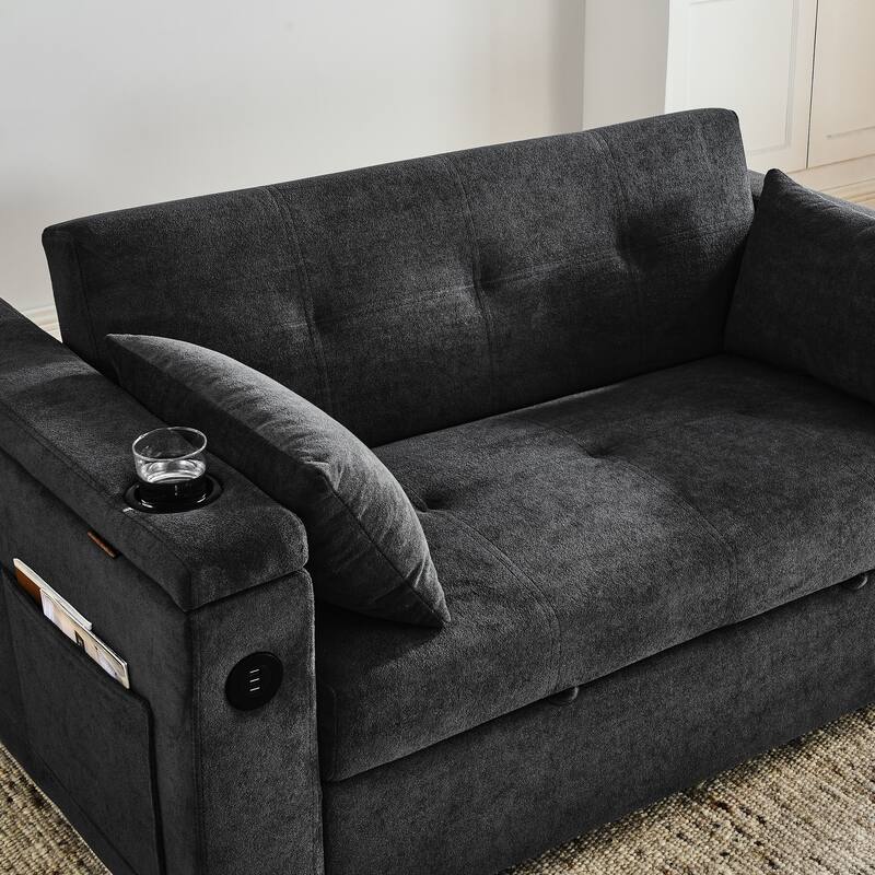 Chenille Pull-Out Sleeper Loveseat Bed Adjustable Backrest Tufted Futon Sofa with 2 Pillow and USB Ports, Pockets