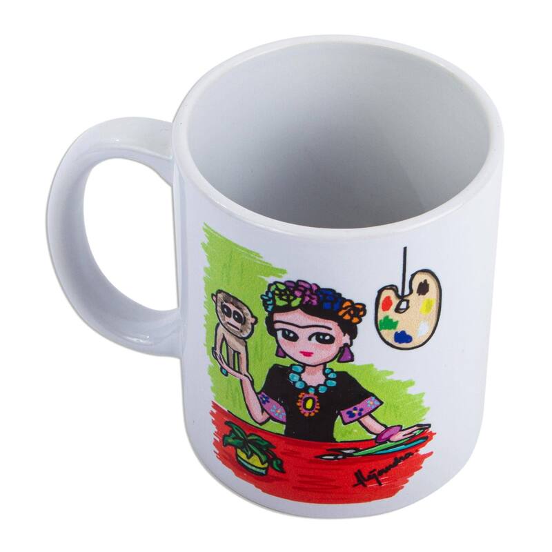 Novica Handmade Frida With Monkey Ceramic Mug