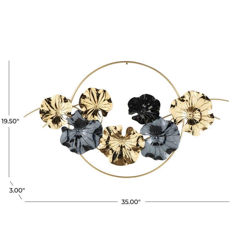 Gold Stainless Steel Metal Floral Home Wall Decor with Circular Frame and Black Accents