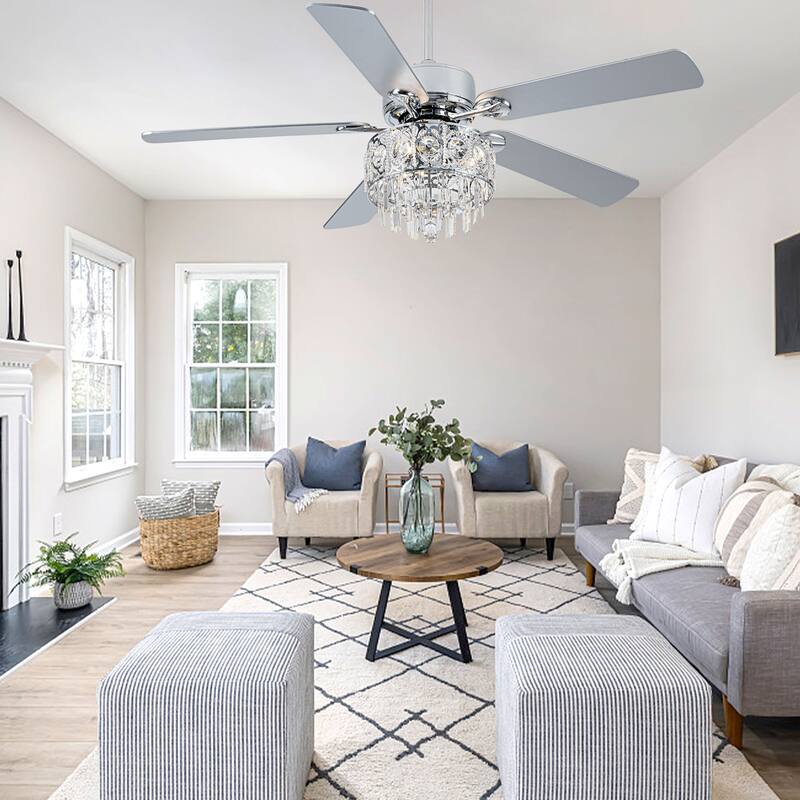 52" Modern Indoor Reversible Crystal Drum Ceiling Fan with Remote Control and Light Kit Chrome