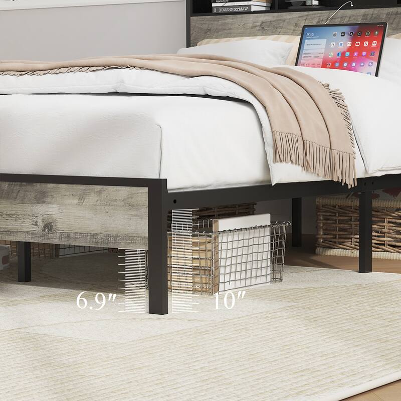 Single Bed Frame with Storage Headboard and Charging Station