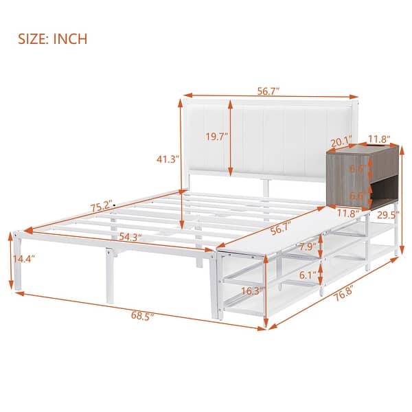 dimension image slide 1 of 2, Full Size Metal Platform Bed with 2-Tier Storage Shelves, Wooden Storage Cabinet, White