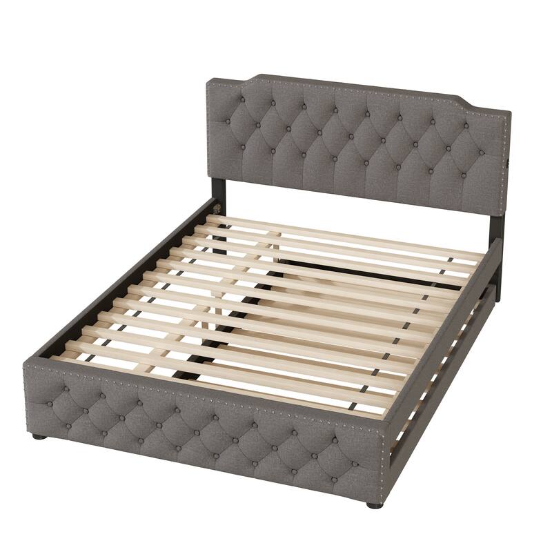 Queen Linen Upholstered Platform Bed with Twin Trundle, 4 USB Charging Ports, and Button-Tufted Design