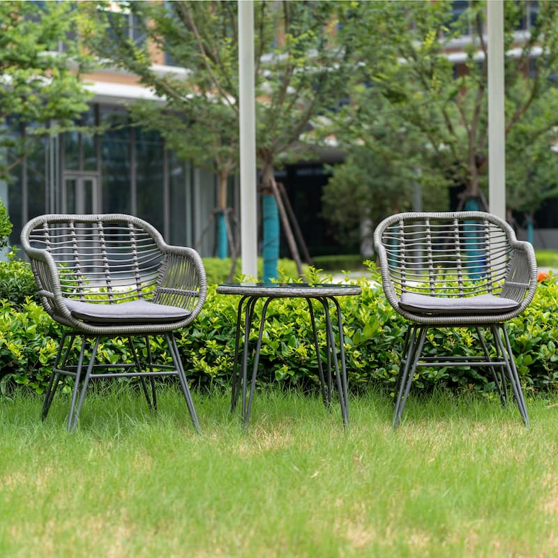 3 Piece Outdoor Wicker Furniture Patio Bistro Set With Cushions for Porch Poolside Garden - 21.2"L x 23.6"W x 31.5"H
