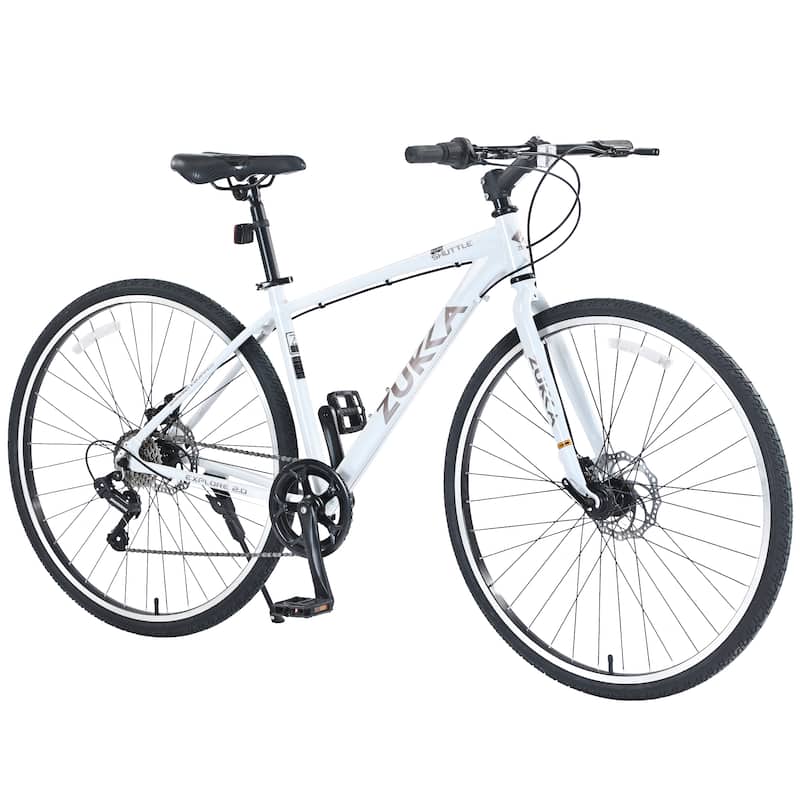 Shimano 7 Speed Hybrid Bike 700C Road Cycling Bicycle, Urban Commuter Bicycles with Double Disc Brakes, Aluminum Alloy Frame - White