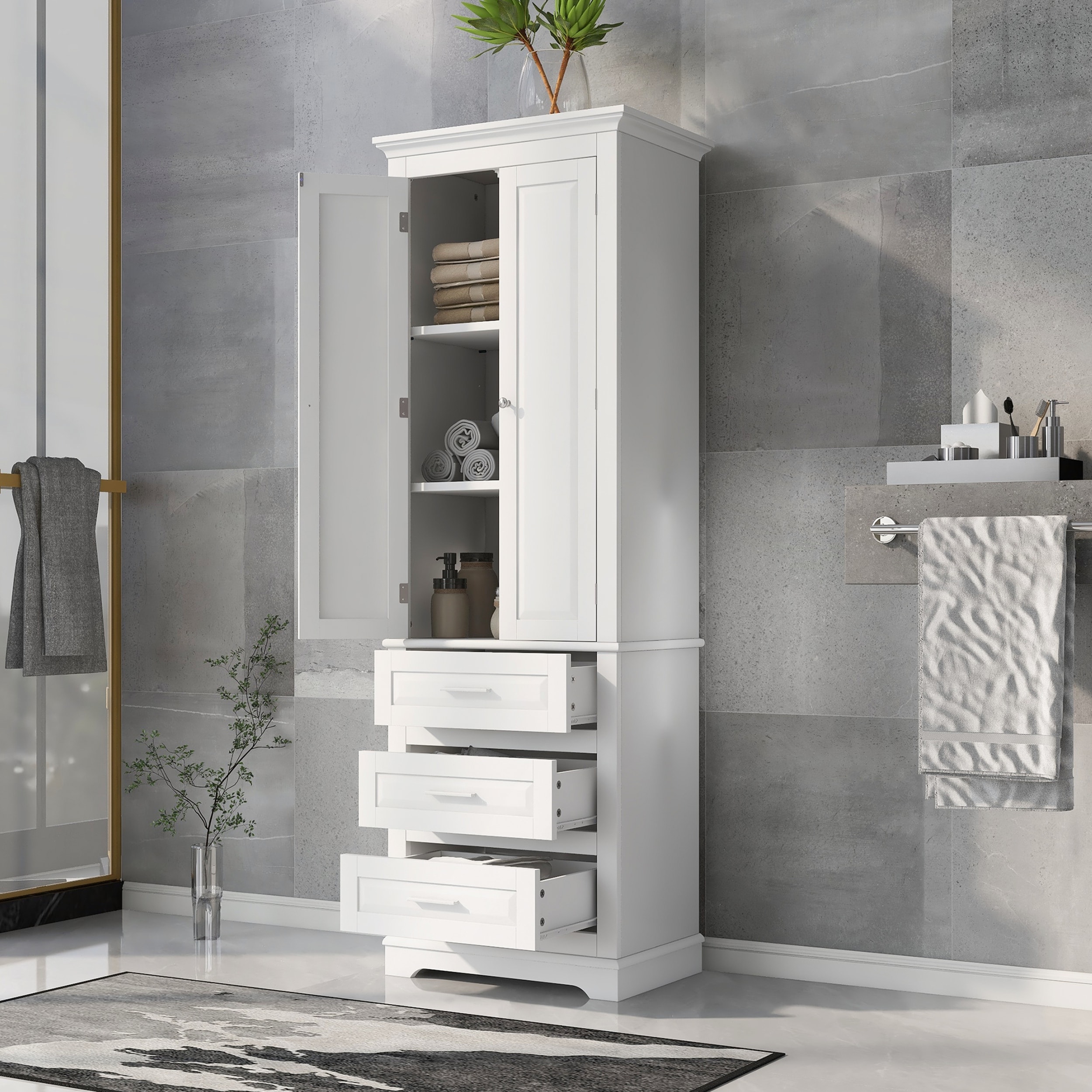 Tall Storage Cabinet with Drawers and Adjustable Shelves for Bathroom or Office