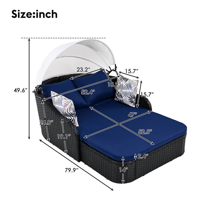 79.9" PE Rattan Daybed Sunbed with Adjustable Canopy