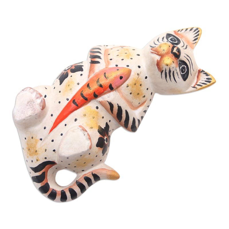 Novica Handmade Cat And Koi Wood Statuette