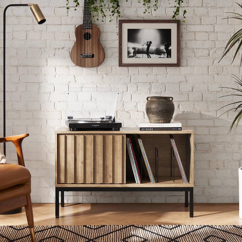 Mopio Norwin Record Player Stand with Vinyl Record Storage, Rustic Turntable Stand - Riviera Oak