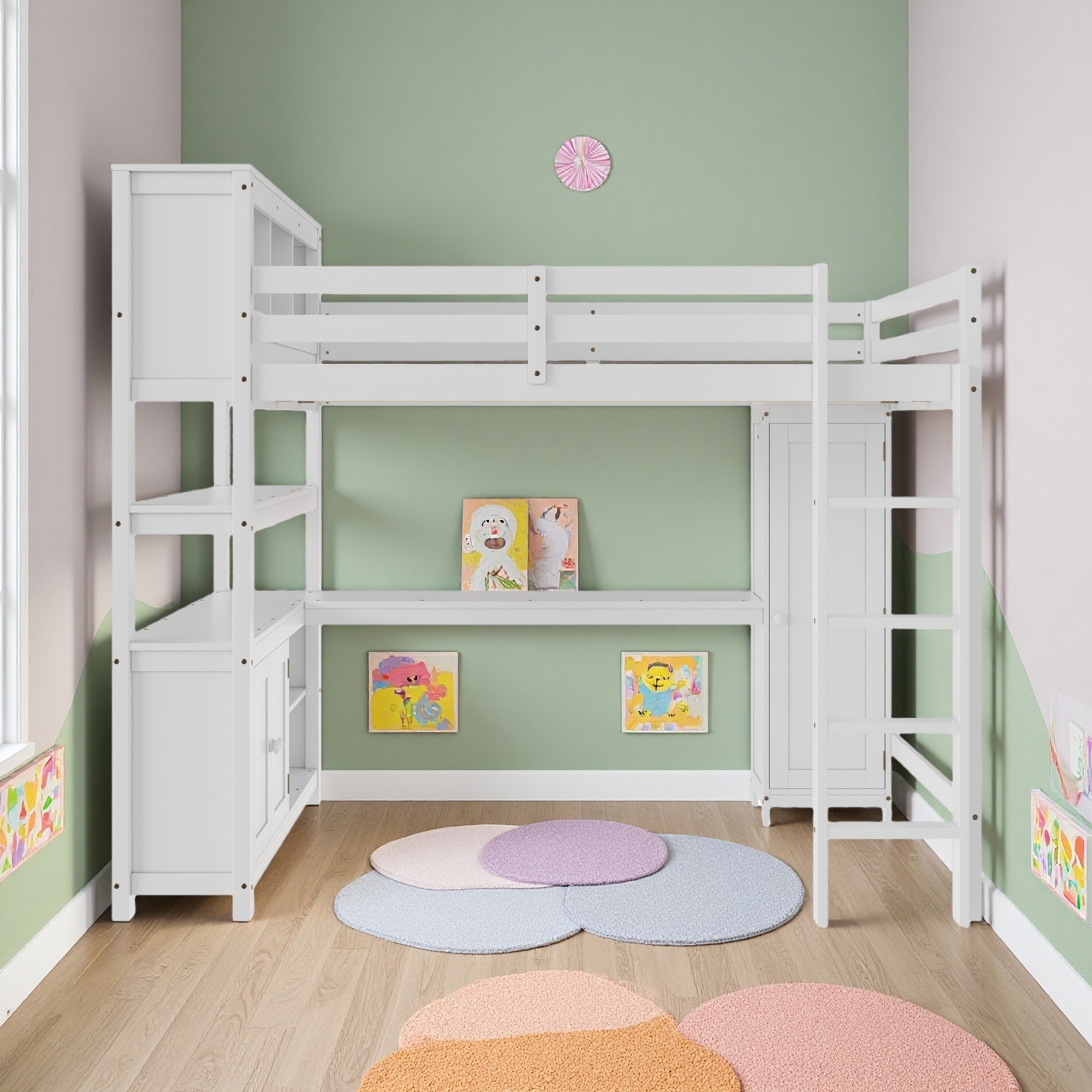 Queen Size Wood Loft Bed with Pine & MDF, Full Loft with Wardrobe, Desk, Bookshelf, and Storage Shelves - Kids Loft Bed