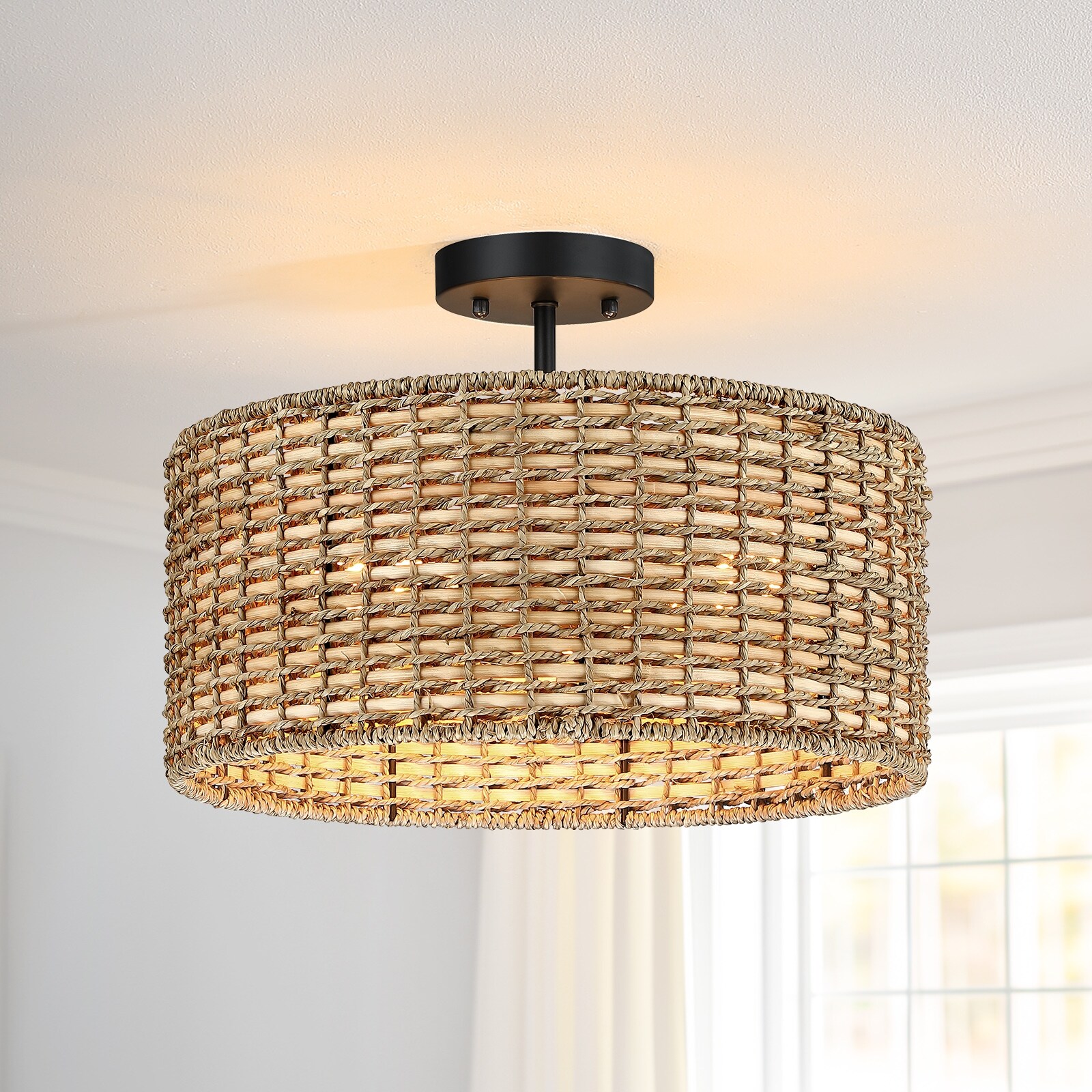 Farmhouse Matte Black 3-Light Semi Flush Mount Ceiling Light with Gold Leaf