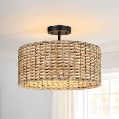 Lennie 3-Light Rattan Drum Semi-Flush Mount Ceiling Light - 16'' W
