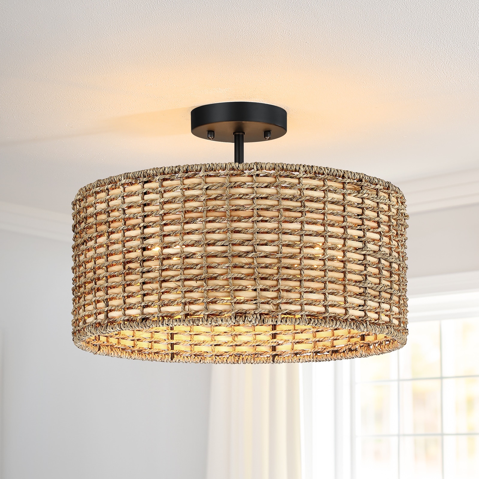 Lennie 3-Light Rattan Drum Semi-Flush Mount Ceiling Light - 16'' W