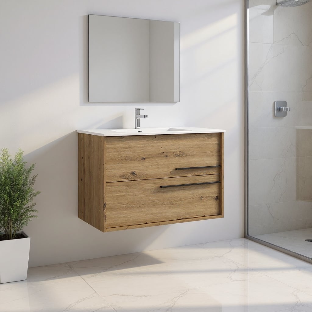HomeRoots 40" Natural Wood Floating Bathroom Vanity With White Sink And Two Drawers - 40.00 in. x 24.60 in. x 21.60 in.