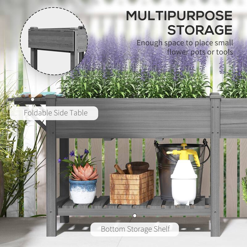 Fir Wood Raised Garden Bed with Bottom Shelf and Moisture-Retaining Liners Foldable Side Table - 81.5" W x 23.2" D x 30.7" H