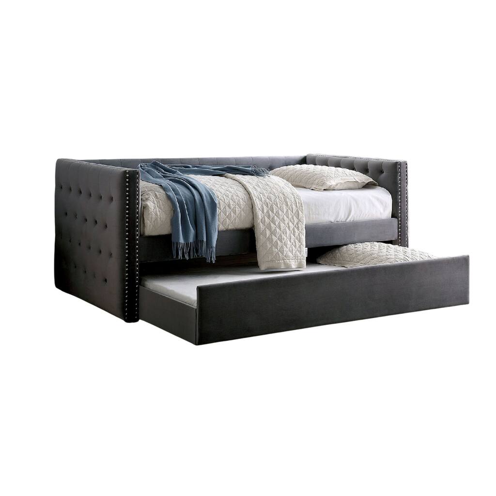 Suzo Daybed with Trundle, Gray Flannelette Upholstery, Nailhead Trim