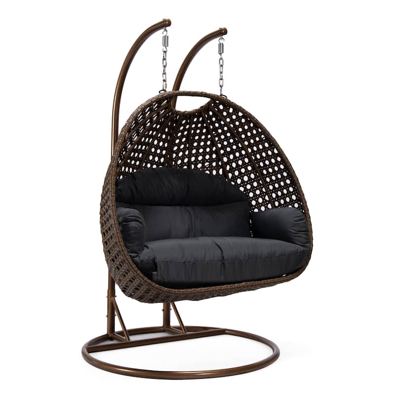 LeisureMod Mendoza Dark Brown 2 Seater Wicker Patio Hanging Double Swing Chair for Patio Porch Backyard Garden - 53" - Dark Grey