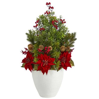 32" Poinsettia, Boxwood and Succulent Arrangement in White Vase