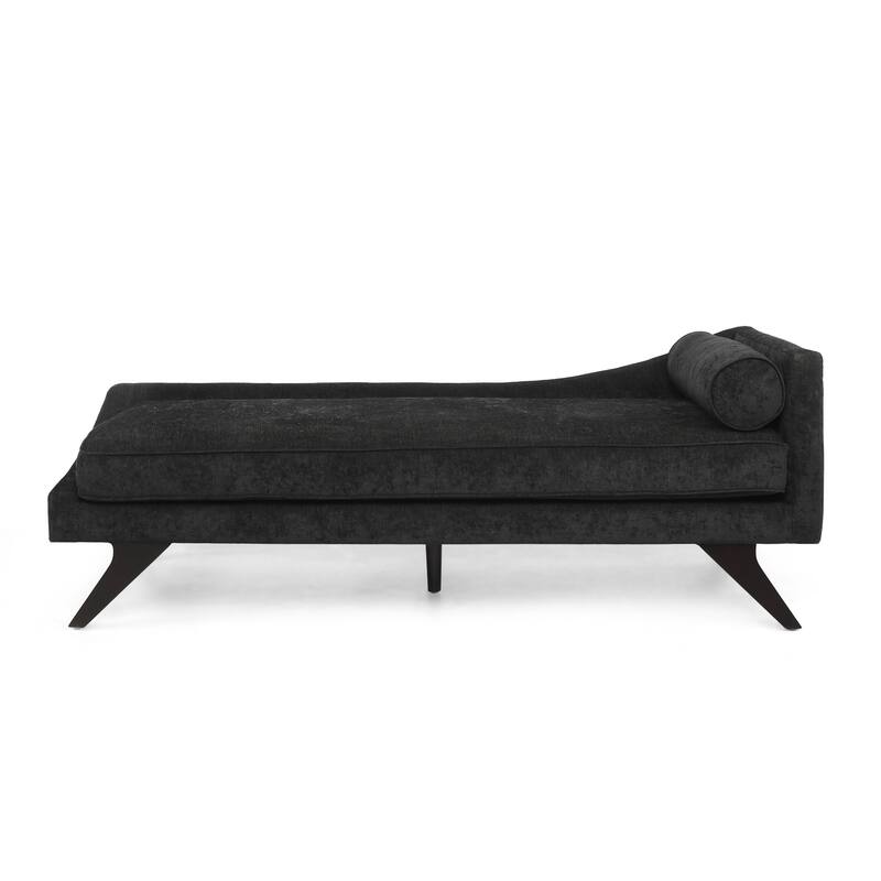 Roomfitters Modern Upholstered Chaise Lounge with Bolster Pillow and Angled Wood Legs, Black