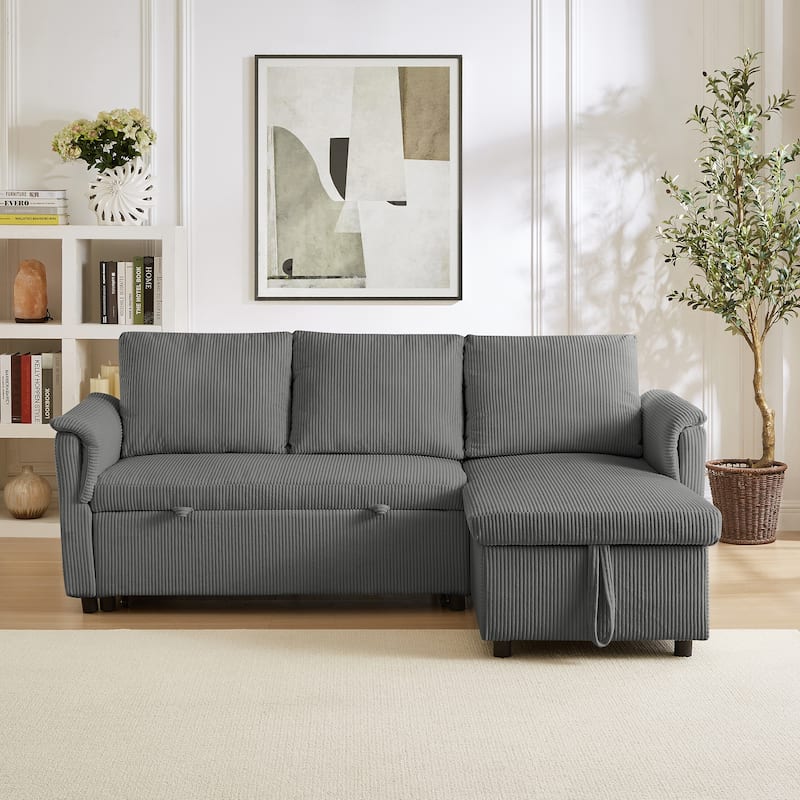 Pull-out Daybed L-Shaped Loveseat Sofa with Storage Chaise Lounge Convertible Sleeper Sofa Bed Tufted Upholstered Reclining