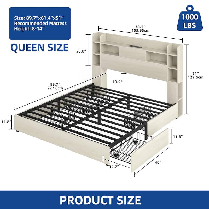 Queen/King Size LED Bed Frame with Bookcase Headboard, 4 Storage Drawers and Charging Station
