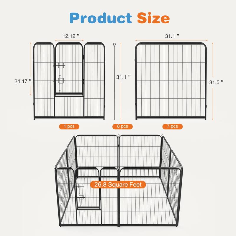 8 Panel Foldable Dog Playpen, Heavy Duty Double Door Pet Exercise Pen, Indoor Outdoor Puppy Fence with Anti-Slip Base