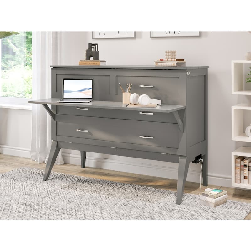Murphy Bed Desk Full Size - Folding Bed with Memory Foam Mattress & USB - Grey Home Office Space Saver