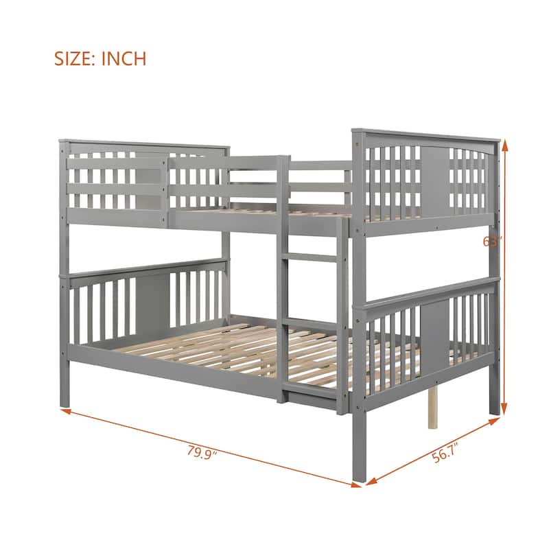 Full Over Full Bunk Bed with Ladder, Solid Wood Convertible Bunk Bed Frame for Bedroom or Guest Room
