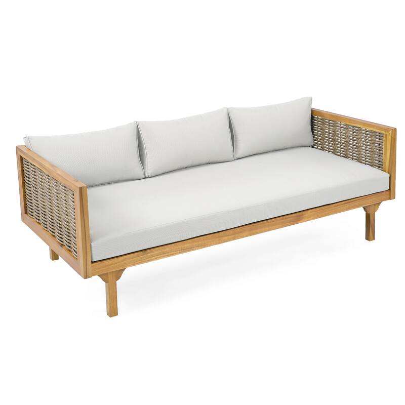 Acacia Wood Daybed with Rattan Arms Slat Paneling and Water Resistant Cushions