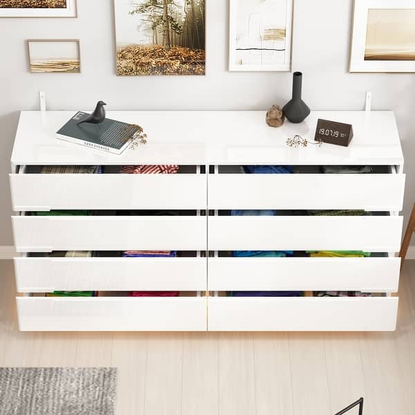 8 Drawer Double Dresser Dressers With High Gloss Drawers With Light - Black