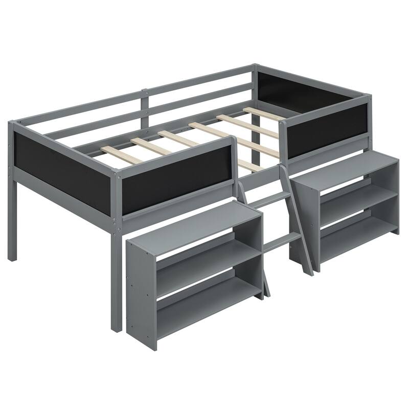 Twin Size Low Loft Bed with Movable Shelves, Ladder, and Chalkboard Guardrail, Gray