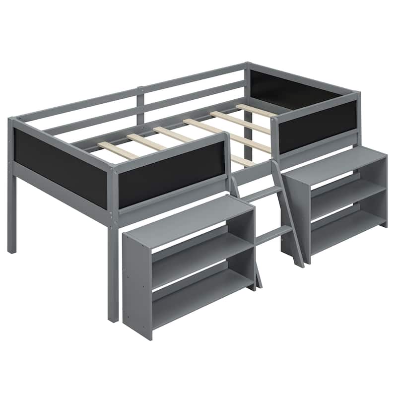 Twin Size Low Loft Bed with Two Movable Shelves, Ladder and Chalkboard, Kids Low Loft Bed Frame No Box Spring Needed for Boys