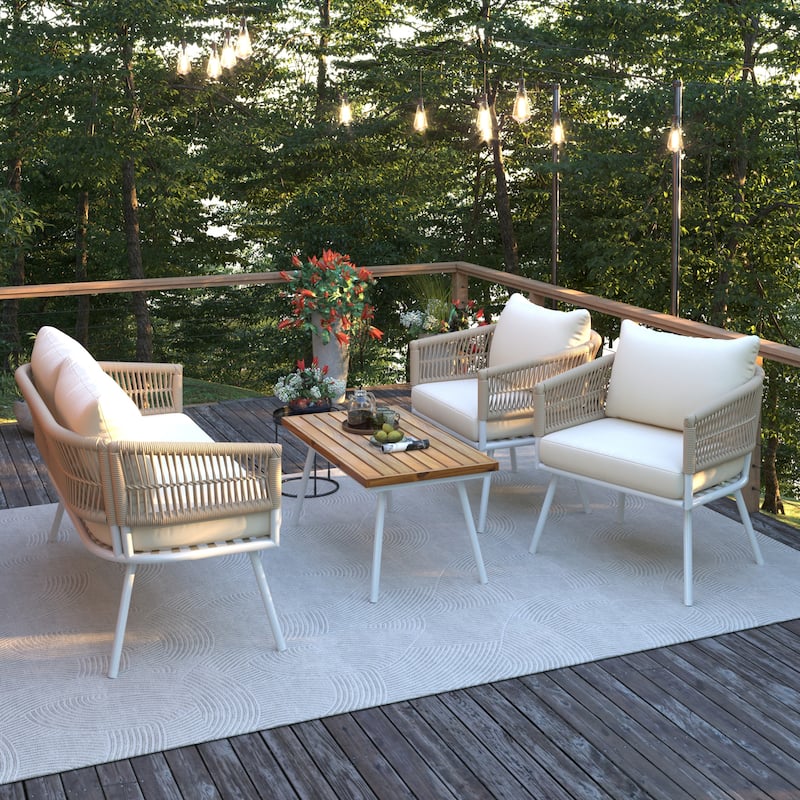 4-Pieces Rope Patio Conversation Set with Wooden Table & Cushion - Beige