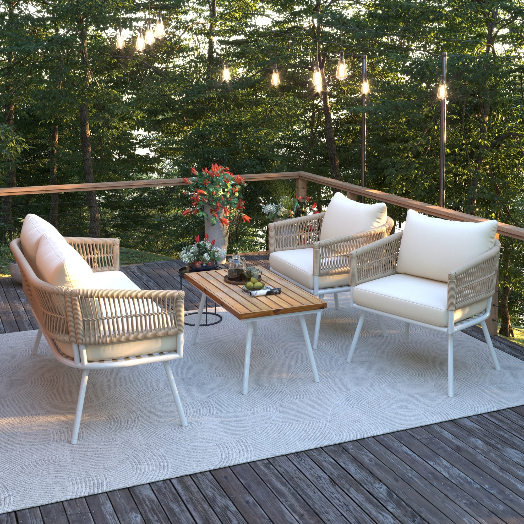 5-Piece Boho Rope Patio Furniture Set, Outdoor Furniture with Wood Table,  PatioSectional Set with Seating\u0026Cushion for Balcony - Bed Bath \u0026 Beyond -  40414216, image size:2000x2000