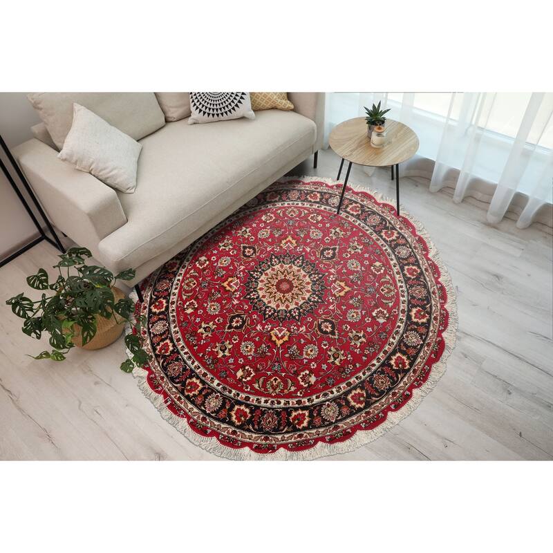 4'11''x4'11'' Round Hand Knotted 300 KPSI Wool Burgundy Round Area Rug - 4' 11'' x 4' 11''-Round