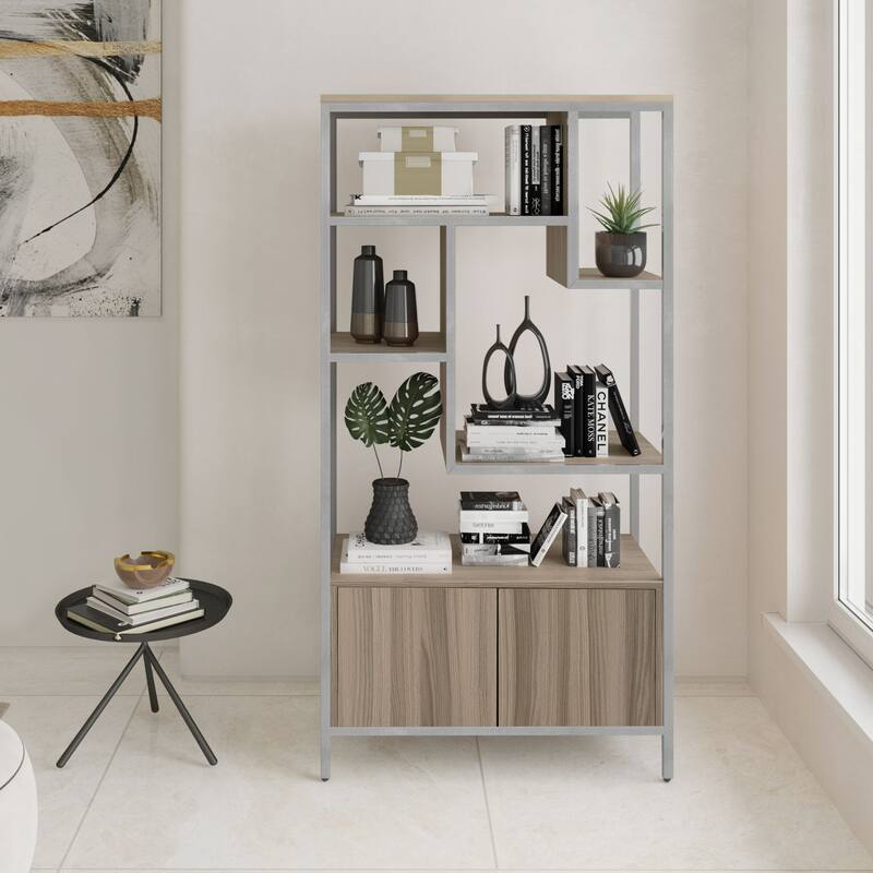 Storage Rack Shelf with Door Cabinet - 63" - Brown and Silver