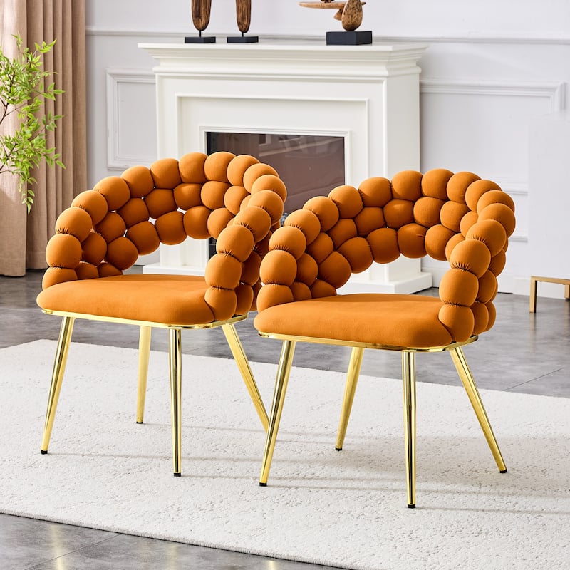 Velvet Dining Chairs Set of 2, Modern Upholstered Vanity Chairs Accent Chairs with Golden Metal Legs - Orange