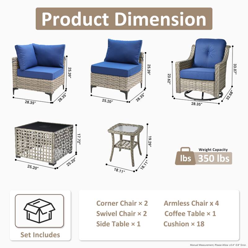 OVIOS 10 Pieces Outdoor Wicker Swivel Chair Set With Solar-Powered Coffee Table