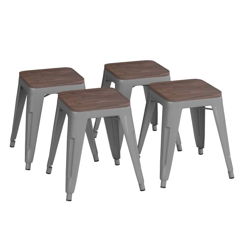 Set of 4 18" Table Height Indoor Stackable Metal Stool with Wood Seat