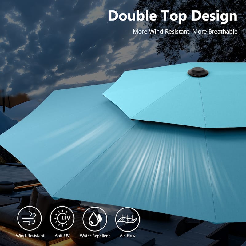 MAISON ARTS 13ft Double-Sided Outdoor Umbrella, 2-Tier Vented Market Umbrella with Colored Lights and Base