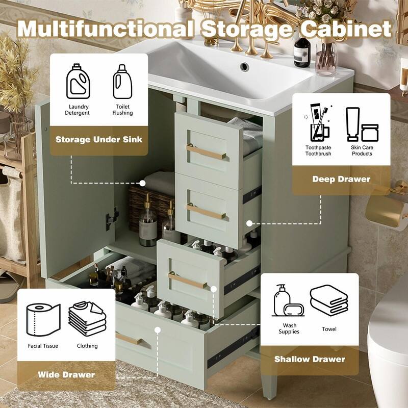 24.8" Bathroom Vanity with Ceramic Sink, Modern Freestanding Cabinet with Soft-Close Door and 3 Storage Drawers