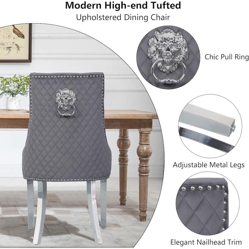 Velvet Dining Chairs Set of 2, Upholstered Tufted Nailhead Dining Room Chairs with Stainless Steel Legs & Lion Head Pull Ring