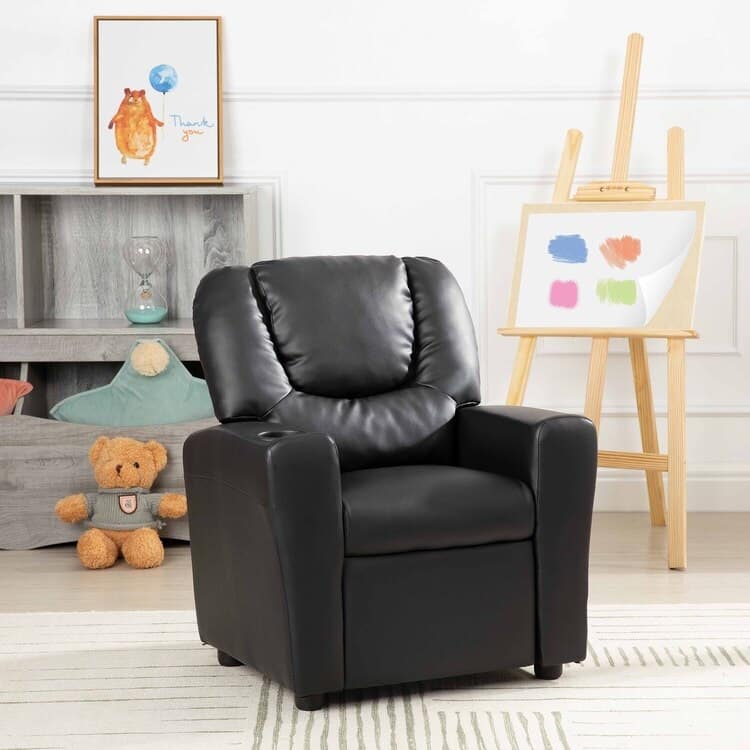 Pushback Kids Recliner Chair with Footrest & Cup Holders - Ultimate Comfort for Toddlers - Black,PVC