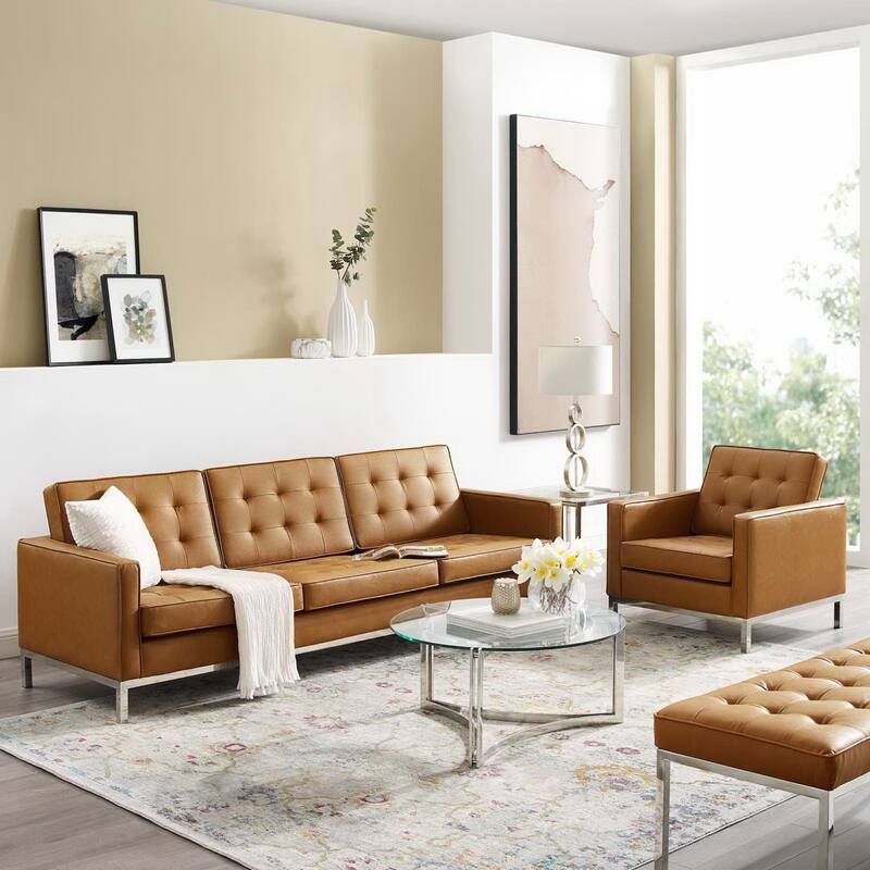 Loft Tufted Upholstered Faux Leather Sofa and Armchair Set - Silver Tan