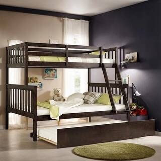 Twin Over Full Rubber Wood Bunk Bed with Trundle, Espresso